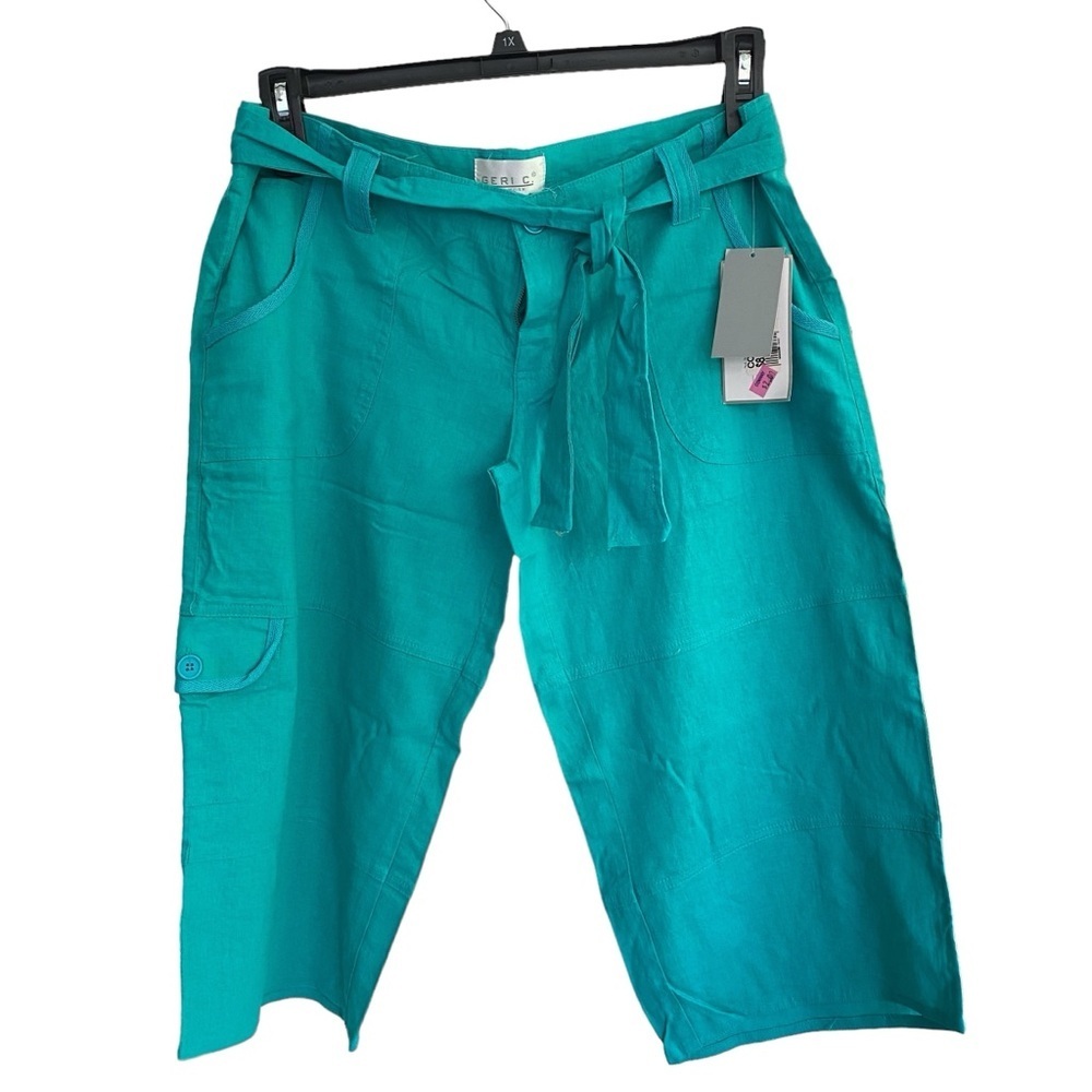 GERI C. Linen Capri With Tie Belt Turqoise Cargo Pocket New With Tags Size Large